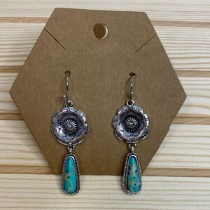 Antique Silver Tone - flower with Turquoise coloured stone drop - Western Boho